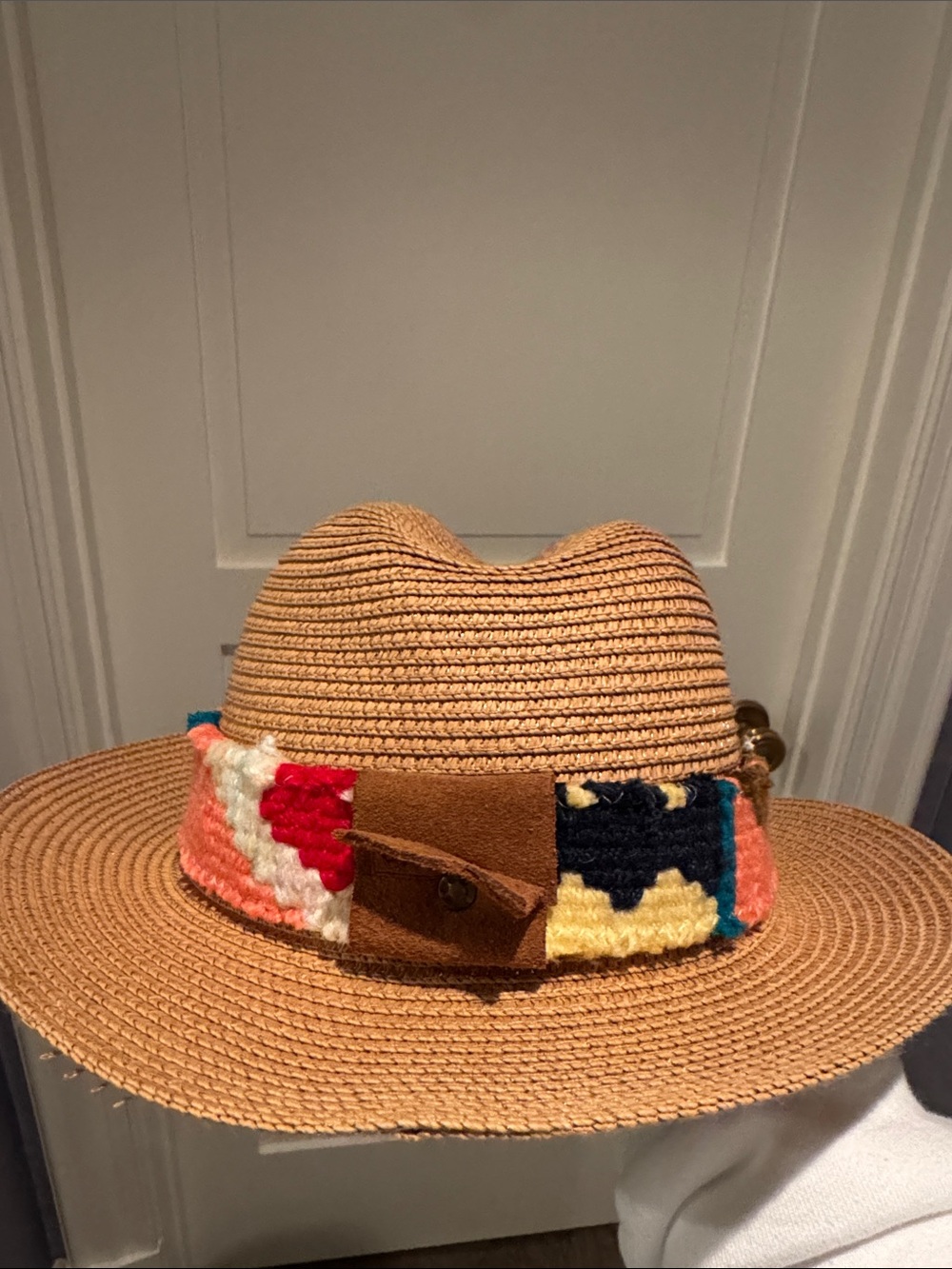 Woven Straw Fedora with Colorful Band - Tan & Coral Accent - Picture 3 of 5